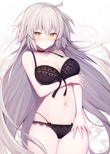 Anime picture 854x1193 with fate (series) fate/grand order jeanne d'arc (fate) (all) jeanne d'arc alter (fate) miko (royal milk) single tall image looking at viewer blush fringe breasts light erotic simple background hair between eyes large breasts standing yellow eyes payot cleavage silver hair