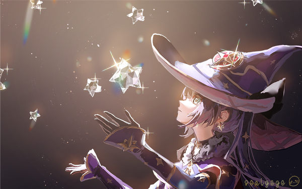 Anime picture 1065x668 with genshin impact mona megistus sealgege single long hair twintails green eyes signed looking away purple hair upper body profile sparkle girl gloves hat black gloves star (symbol) witch hat