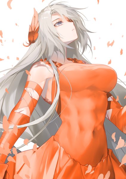 Anime picture 900x1276 with original lydia macarthur waka (shark waka) single long hair tall image fringe breasts light erotic simple background large breasts standing white background silver hair hair over one eye covered navel looking up scar silver eyes girl