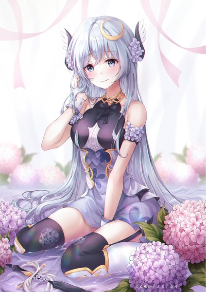 Anime-Bild 3035x4299 mit original pippin sol single long hair tall image looking at viewer blush fringe highres breasts sitting purple eyes bare shoulders payot absurdres silver hair bent knee (knees) arm up hair flower horn (horns)