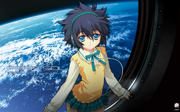 Anime picture 1920x1200 with para-sol yatabe miu carnelian single long hair looking at viewer highres short hair blue eyes black hair wide image inscription girl uniform school uniform headphones planet earth