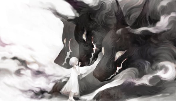 Anime picture 2585x1490 with original satomatoma single highres short hair wide image standing white hair eyes closed profile girl dress white dress monster