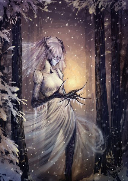 Anime picture 800x1132 with original avodkabottle tall image horn (horns) snowing winter snow oni horns white eyes girl dress plant (plants) tree (trees) white dress forest veil ice