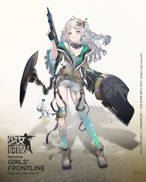 Anime picture 1200x1500 with girls frontline mag-7 (girls frontline) hillly (maiwetea) single long hair tall image looking at viewer smile standing silver hair full body ahoge braid (braids) official art shadow orange eyes copyright name asymmetrical legwear girl weapon