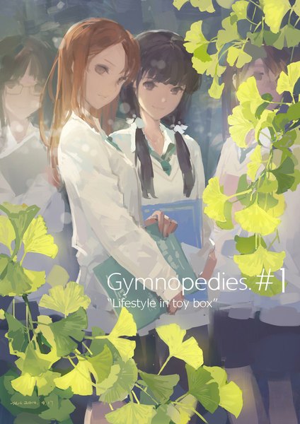 Anime picture 826x1169 with original hjl long hair tall image looking at viewer black hair brown hair twintails multiple girls brown eyes signed light smile inscription sketch girl skirt uniform plant (plants) school uniform miniskirt