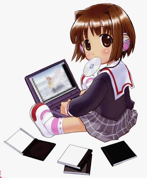 Anime picture 1032x1249 with tagme (copyright) tagme (artist) single tall image looking at viewer blush short hair brown hair white background sitting holding brown eyes mouth hold girl uniform school uniform socks serafuku shoes headphones