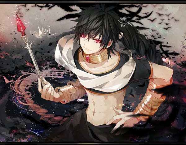 Anime picture 1000x783 with magi the labyrinth of magic a-1 pictures judal gomas single fringe black hair smile red eyes holding very long hair hand on hip muscle boy navel bracelet arabian clothes rukh (magi)