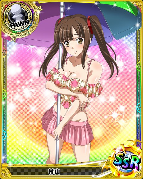 Anime picture 640x800 with highschool dxd murayama (high school dxd) single long hair tall image looking at viewer blush light erotic smile brown hair twintails brown eyes cleavage card (medium) girl skirt miniskirt umbrella