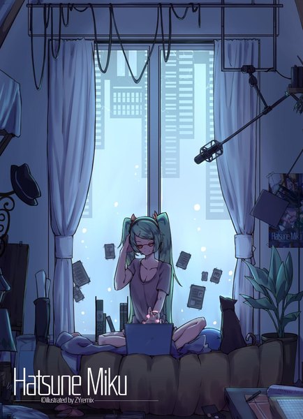 Anime picture 1113x1537 with vocaloid hatsune miku zhayin-san single long hair tall image smile sitting twintails cleavage indoors eyes closed green hair depth of field indian style hand on headphones girl plant (plants) animal glasses