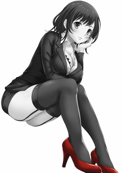 Anime picture 800x1131 with kantai collection takao heavy cruiser sakiyamama single tall image looking at viewer blush short hair light erotic black hair simple background white background black eyes monochrome office lady girl thighhighs skirt black thighhighs skirt set