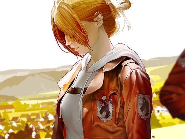 Anime picture 1000x750 with shingeki no kyojin production i.g annie leonhart karmalizzard short hair blonde hair payot upper body outdoors profile realistic open clothes open jacket solo focus girl jacket belt hood emblem