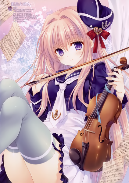 Anime picture 1989x2824 with tatekawa mako single long hair tall image looking at viewer highres blonde hair purple eyes scan girl thighhighs dress necktie beret musical instrument violin bow (instrument)