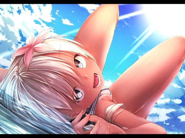 Anime picture 1600x1200 with kantai collection ro-500 submarine waterdog single looking at viewer short hair open mouth blue eyes light erotic blonde hair sky cloud (clouds) lying hair flower sunlight letterboxed sunbeam girl hair ornament flower (flowers)