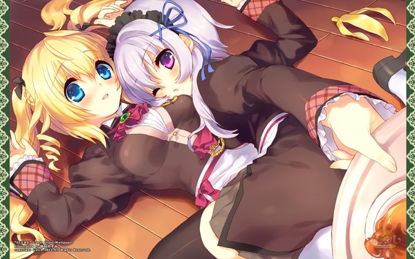 Anime picture 1920x1200 with sucre ibaragi ai nekoiro (artist) looking at viewer blush highres short hair open mouth blue eyes blonde hair wide image purple eyes twintails multiple girls signed purple hair lying one eye closed wink loli