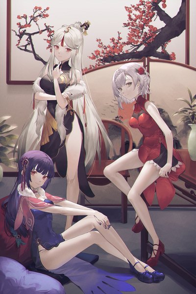 Anime picture 1200x1800 with genshin impact ningguang (genshin impact) noelle (genshin impact) yun jin (genshin impact) cha chya long hair tall image looking at viewer short hair red eyes standing sitting multiple girls green eyes silver hair purple hair white hair very long hair nail polish traditional clothes