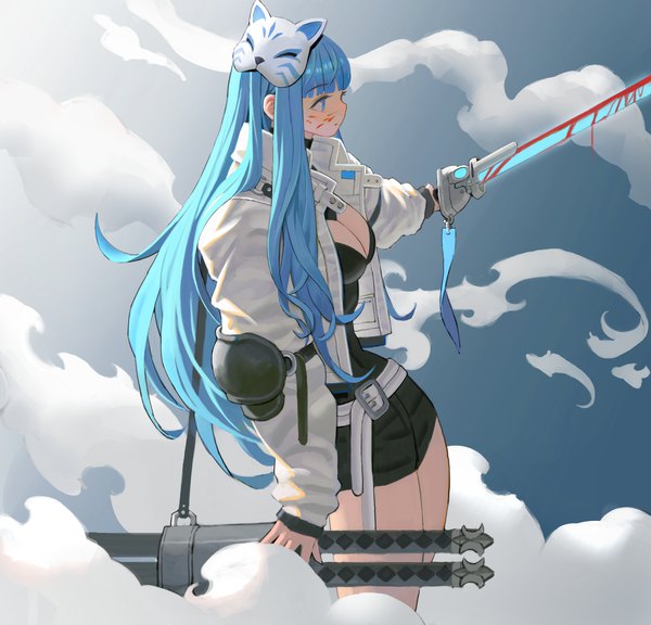 Anime picture 6252x6000 with original arowana2111 single long hair fringe highres breasts blue eyes blue hair looking away absurdres blunt bangs long sleeves profile open jacket sleeves past wrists smoke blood on face bloody weapon girl
