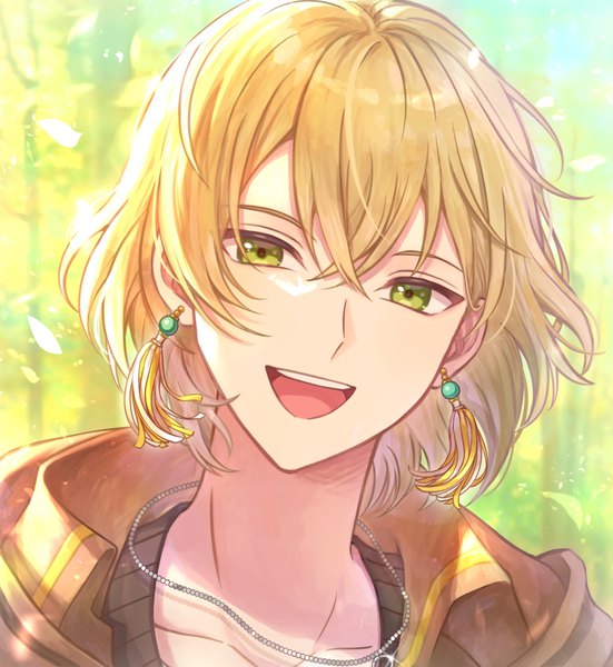 Anime picture 1004x1094 with mahoutsukai no yakusoku rutile flores ayuse s single tall image looking at viewer fringe short hair open mouth blonde hair hair between eyes green eyes upper body :d teeth boy earrings