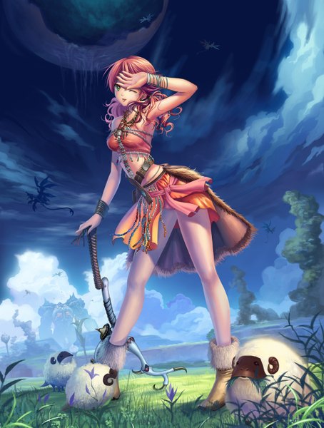Anime picture 1000x1321 with final fantasy final fantasy xiii square enix oerba dia vanille diamond dust single long hair tall image green eyes sky cloud (clouds) red hair one eye closed wink midriff girl plant (plants) animal bracelet grass