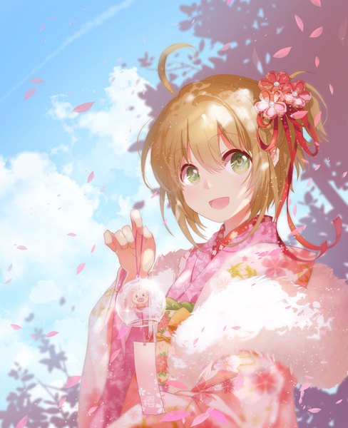 Anime picture 1160x1426 with card captor sakura clamp kinomoto sakura shangguan feiying single tall image looking at viewer fringe short hair open mouth hair between eyes brown hair green eyes cloud (clouds) upper body ahoge traditional clothes :d japanese clothes one side up