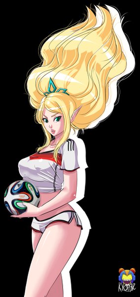 Anime picture 569x1200 with league of legends janna windforce kyoffie12 single long hair tall image looking at viewer breasts light erotic simple background blonde hair large breasts green eyes pointy ears erect nipples black background covered nipples girl uniform shorts