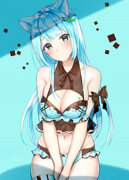 Anime picture 778x1088 with original takeashiro single long hair tall image blush fringe breasts blue eyes light erotic large breasts standing bare shoulders animal ears payot blue hair cleavage blunt bangs head tilt cat ears