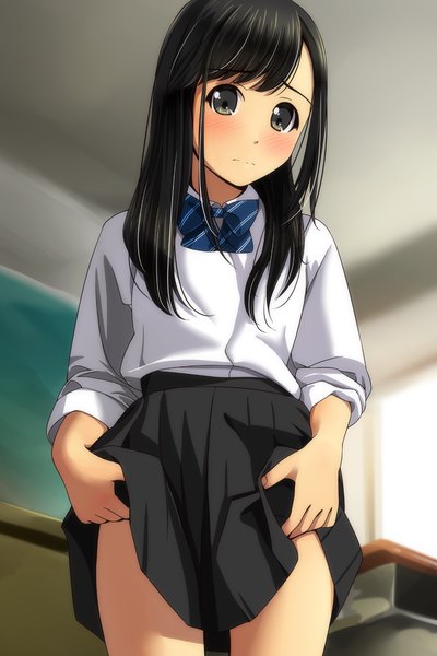 Anime picture 800x1200 with original matsunaga kouyou single long hair tall image looking at viewer blush fringe light erotic black hair standing indoors pleated skirt black eyes from below skirt lift classroom girl skirt uniform