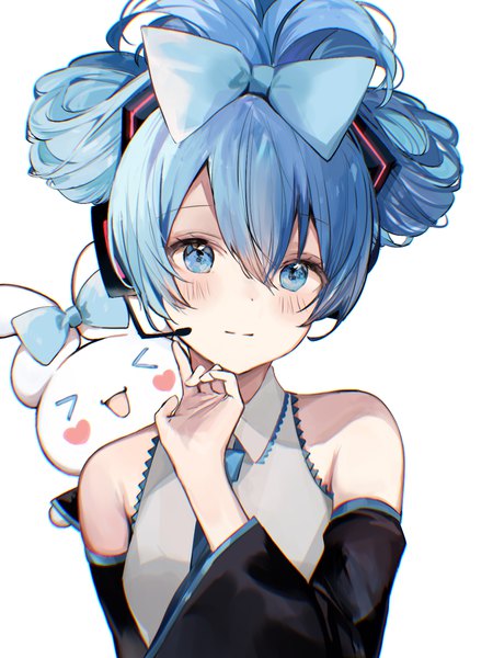 Anime picture 1200x1600 with vocaloid sanrio hatsune miku cinnamiku cinnamoroll sonna banana single tall image blush fringe short hair blue eyes simple background hair between eyes white background blue hair looking away upper body eyes closed > <