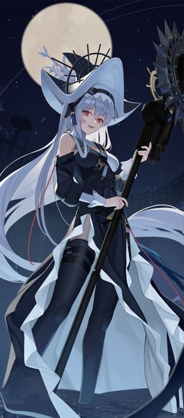 Anime picture 1849x4180 with arknights specter (arknights) specter the unchained (arknights) teruru (teruru0321) single tall image fringe highres hair between eyes red eyes standing silver hair very long hair from below official alternate costume girl thighhighs dress weapon black thighhighs