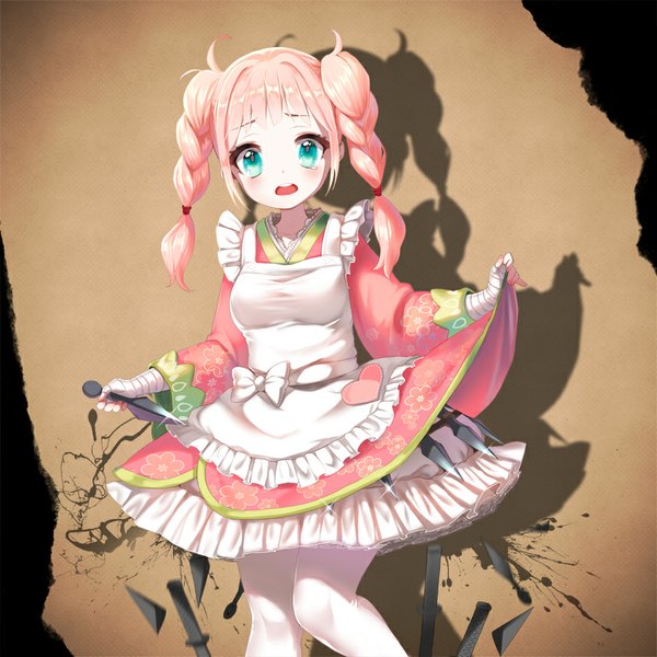 Anime picture 875x875 with original furururu single long hair blush open mouth pink hair braid (braids) aqua eyes shadow twin braids girl dress bow weapon heart apron bandage (bandages) kunai