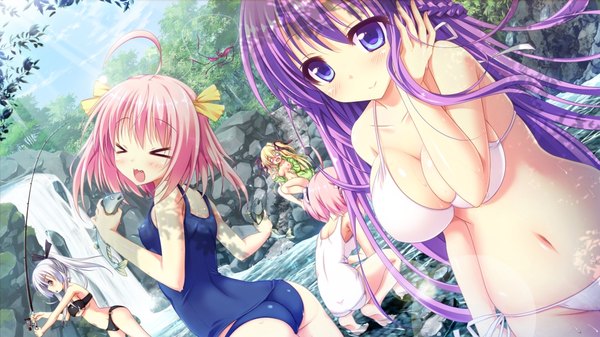 Anime picture 1024x576 with hanayome to maou celica tepes lunatica kuzuryuu tooko rushiera purodia shidou nia long hair blush short hair breasts open mouth blue eyes light erotic blonde hair smile wide image multiple girls pink hair game cg purple hair white hair