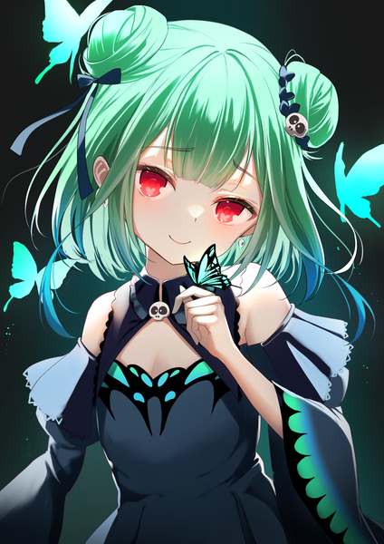 Anime picture 1414x2000 with virtual youtuber hololive uruha rushia uruha rushia (1st costume) arinko kotsunko single tall image looking at viewer short hair smile red eyes upper body head tilt green hair hair bun (hair buns) butterfly on hand girl hair ornament detached sleeves insect