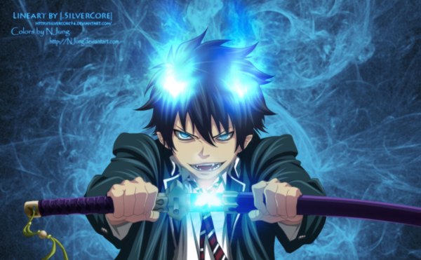 Anime picture 1231x762 with ao no exorcist a-1 pictures okumura rin natilokijung single looking at viewer short hair open mouth blue eyes black hair smile wide image teeth fang (fangs) coloring magic boy weapon sword necktie