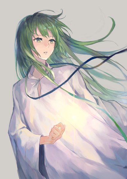 Anime picture 1075x1518 with fate (series) fate/strange fake enkidu (fate) kobuta single long hair tall image fringe simple background green eyes looking away upper body long sleeves green hair wind grey background wide sleeves androgynous boy