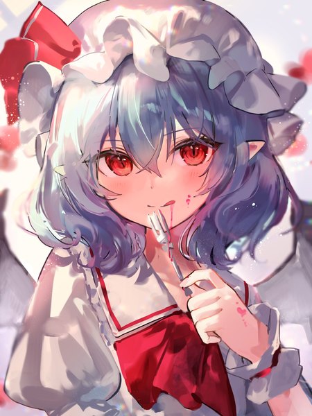 Anime picture 1536x2048 with touhou remilia scarlet ame929 single tall image looking at viewer blush short hair simple background red eyes holding silver hair upper body pointy ears bat wings :q girl hat wings tongue
