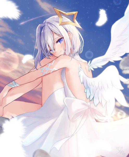 Anime picture 1484x1800 with virtual youtuber hololive amane kanata sese nagi single tall image looking at viewer fringe short hair sitting purple eyes silver hair hair over one eye back bare back white wings girl dress wings white dress