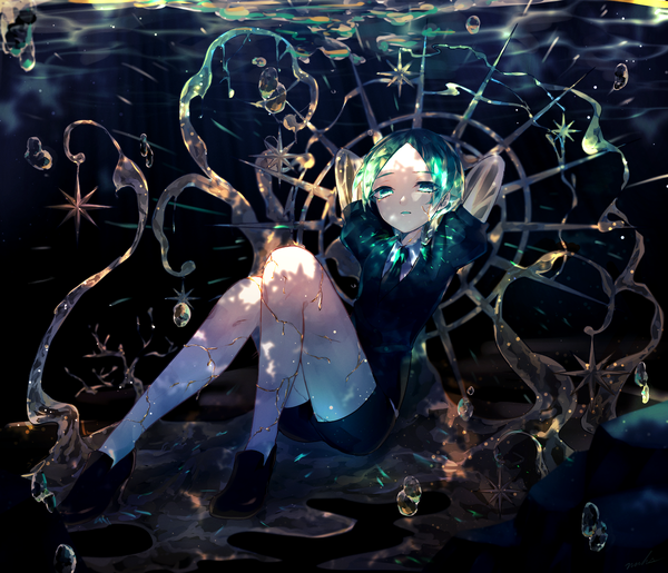 Anime picture 2000x1717 with houseki no kuni phosphophyllite nana colors single looking at viewer highres short hair green eyes full body green hair shadow puffy sleeves shaded face arms behind head reclining androgynous spoilers uniform gold