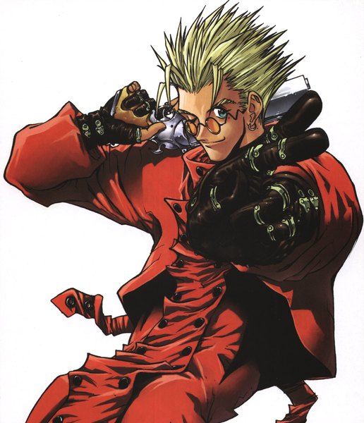 Anime picture 1539x1791 with trigun vash the stampede single tall image short hair blue eyes simple background blonde hair smile white background scan official art piercing ear piercing spiked hair weapon over shoulder crossed fingers boy gloves weapon