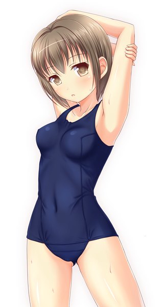 Anime picture 572x1056 with original kk-sk-ray single tall image blush short hair open mouth light erotic simple background brown hair white background brown eyes girl navel swimsuit one-piece swimsuit school swimsuit
