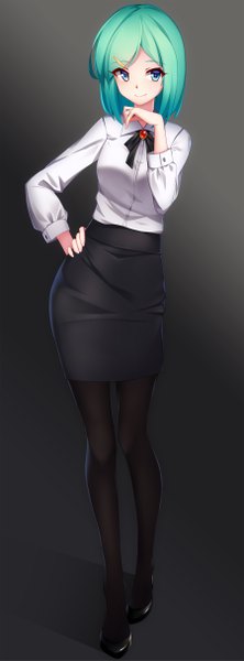 Anime picture 1800x4849 with original keller enasa arnold-s single tall image highres short hair blue eyes simple background smile standing looking away full body green hair grey background hand on hip office lady formal girl skirt
