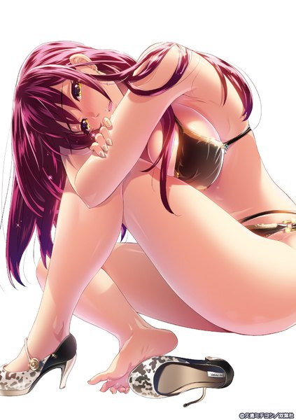 Anime picture 700x992 with action pizazz kuon michiyoshi single long hair tall image looking at viewer blush breasts light erotic simple background large breasts white background sitting yellow eyes looking away pink hair nail polish high heels sideboob single shoe
