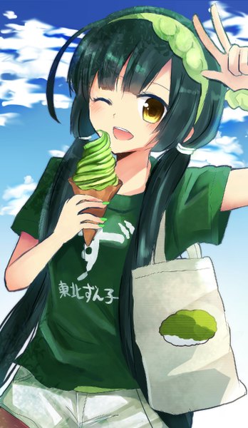 Anime picture 1440x2480 with vocaloid touhoku zunko midori yuki single long hair tall image blush fringe open mouth green eyes yellow eyes sky cloud (clouds) one eye closed green hair wink sunlight victory happy girl