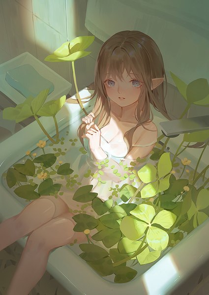 Anime picture 725x1024 with original echosdoodle single long hair tall image looking at viewer fringe breasts blue eyes brown hair sitting bare shoulders indoors parted lips head tilt pointy ears sunlight arms up sleeveless partially submerged