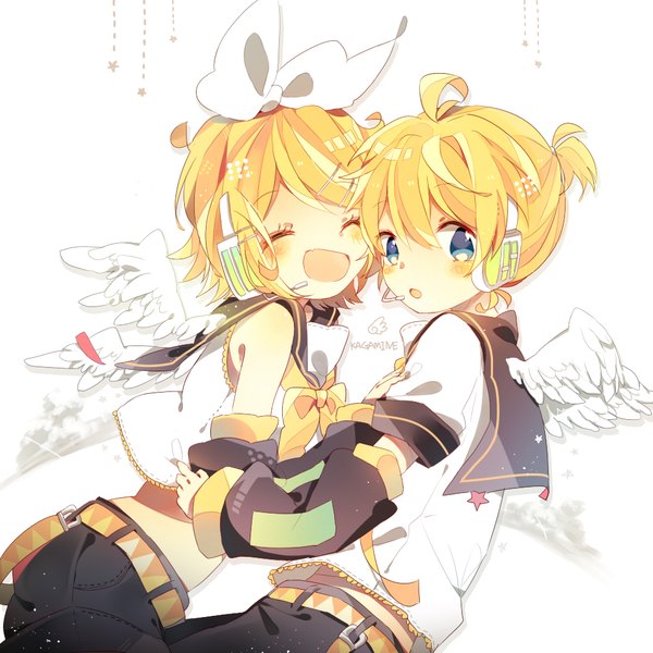 Anime picture 1000x1000 with vocaloid kagamine rin kagamine len niwa (ejizon) blush fringe short hair open mouth blue eyes blonde hair simple background hair between eyes white background ahoge ponytail eyes closed character names angel wings ^ ^ siblings