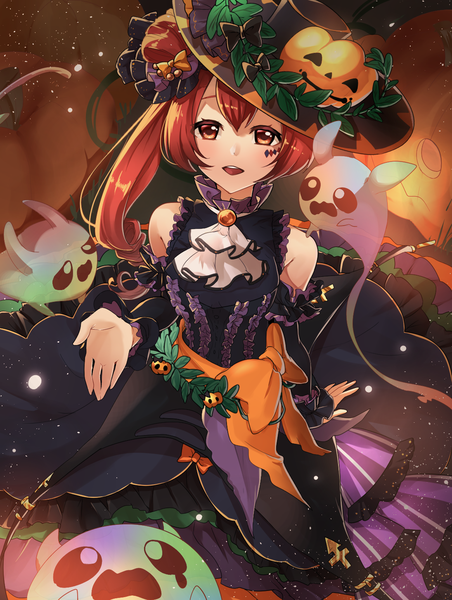 Anime picture 1095x1452 with shironeko project mizerikorude harupin single tall image looking at viewer fringe open mouth hair between eyes sitting brown eyes red hair sparkle side ponytail light halloween outstretched hand hair rings girl dress