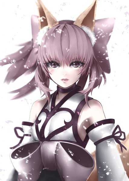 Anime picture 1301x1830 with original paparins (artist) single tall image looking at viewer short hair open mouth simple background white background purple eyes animal ears purple hair traditional clothes fox ears fox girl girl dress bow hair bow detached sleeves