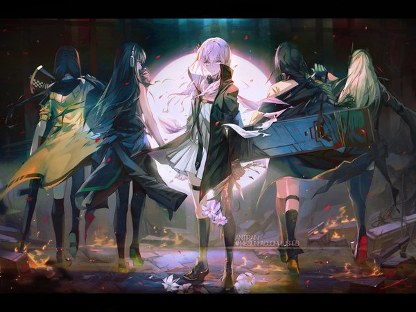 Anime-Bild 3000x2250 mit girls frontline m4a1 (girls frontline) m4 sopmod ii (girls frontline) st ar-15 (girls frontline) m16a1 (girls frontline) dinergate (girls frontline) ro635 (girls frontline) hxxg long hair looking at viewer fringe highres black hair blonde hair hair between eyes standing twintails multiple girls holding green eyes