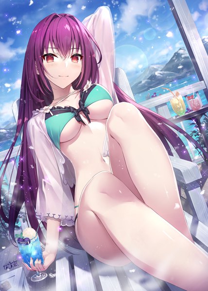 Anime picture 2138x3000 with fate (series) fate/grand order scathach (fate) (all) scathach skadi (fate) scathach skadi (swimsuit ruler) (fate) gabiran single long hair tall image looking at viewer blush fringe highres breasts light erotic hair between eyes red eyes large breasts sitting sky