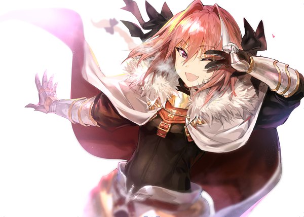 Anime picture 2209x1577 with fate (series) fate/apocrypha astolfo (fate) ikuchan kaoru single long hair looking at viewer fringe highres open mouth simple background hair between eyes white background purple eyes pink hair upper body braid (braids) one eye closed multicolored hair wink
