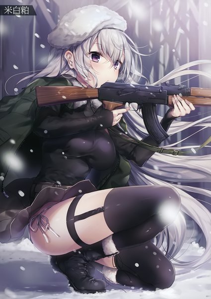 Anime picture 2480x3500 with melonbooks komeshiro kasu single tall image blush fringe highres breasts light erotic hair between eyes sitting purple eyes holding looking away silver hair bent knee (knees) outdoors very long hair long sleeves wind