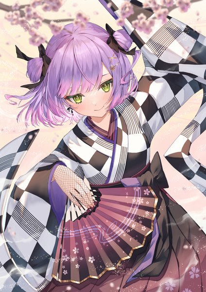 Anime picture 2568x3631 with virtual youtuber hololive tokoyami towa tokoyami towa (2nd costume) runlan 0329 single tall image fringe highres short hair smile green eyes purple hair blunt bangs traditional clothes japanese clothes from above official alternate costume checkered fishnet
